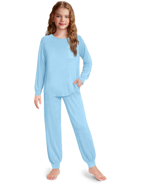Girls Long Sleeve Pajama Set Ankle Cuff Soft Sleepwear 2-Piece Pjs - Blue