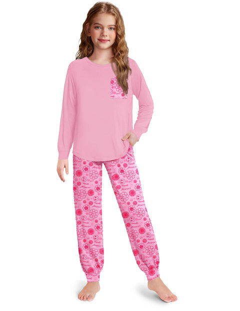 Girls Long Sleeve Pajama Set Ankle Cuff Soft Sleepwear 2-Piece Pjs - Pink Flower