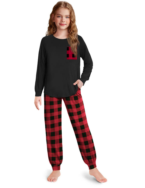 Girls Long Sleeve Pajama Set Ankle Cuff Soft Sleepwear 2-Piece Pjs - Red Black Plaid