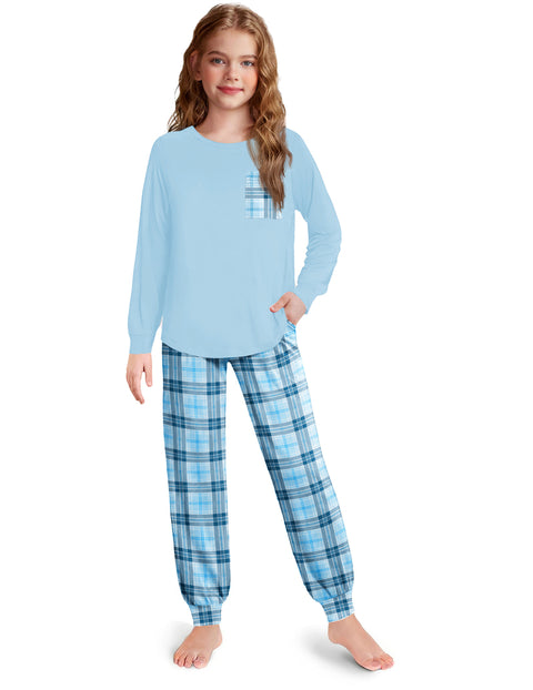 Girls Long Sleeve Pajama Set Ankle Cuff Soft Sleepwear 2-Piece Pjs - Blue Plaid