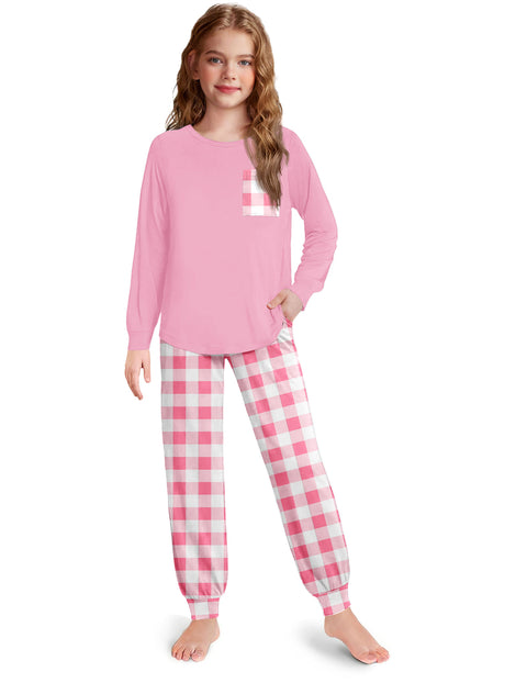 Girls Long Sleeve Pajama Set Ankle Cuff Soft Sleepwear 2-Piece Pjs - Pink White Plaid