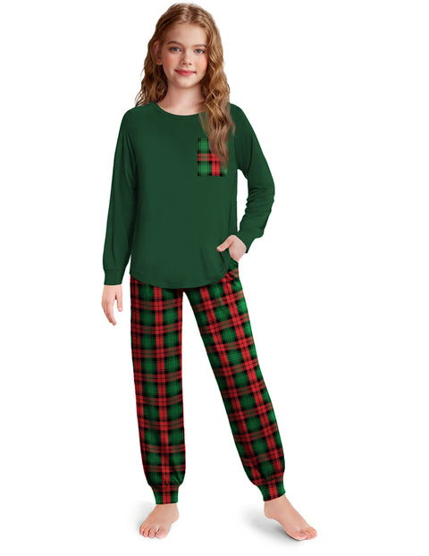 Girls Long Sleeve Pajama Set Ankle Cuff Soft Sleepwear 2-Piece Pjs - Red Green Plaid