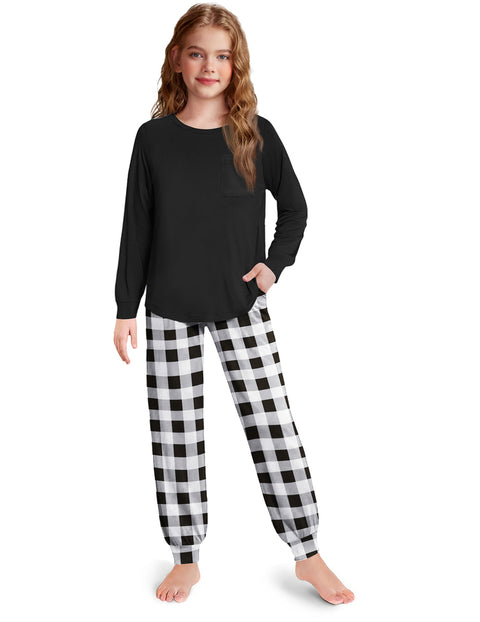 Girls Long Sleeve Pajama Set Ankle Cuff Soft Sleepwear 2-Piece Pjs - White Black Plaid