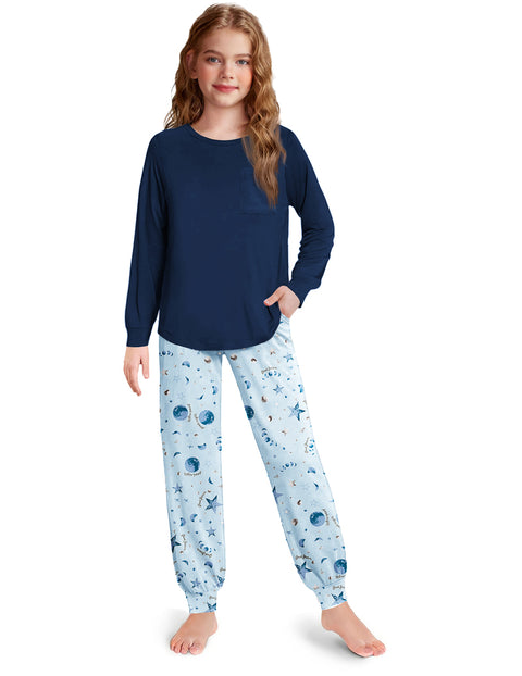 Girls Long Sleeve Pajama Set Ankle Cuff Soft Sleepwear 2-Piece Pjs - Blue Star Moon