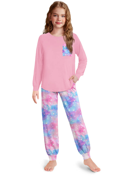 Girls Long Sleeve Pajama Set Ankle Cuff Soft Sleepwear 2-Piece Pjs - Pink Tie Die