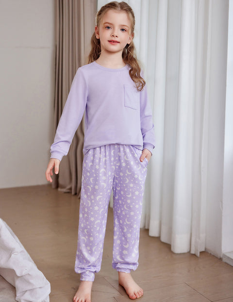 Girls Long Sleeve Pajama Set Ankle Cuff Soft Sleepwear 2-Piece Pjs - Purple Star Moon
