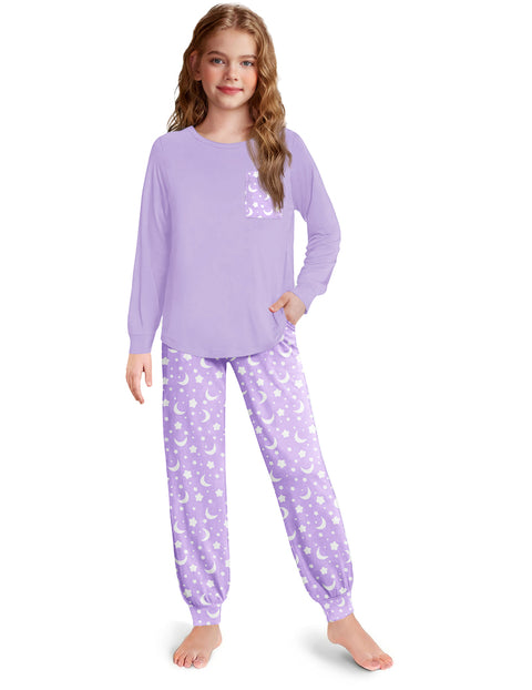 Girls Long Sleeve Pajama Set Ankle Cuff Soft Sleepwear 2-Piece Pjs - Purple Star Moon