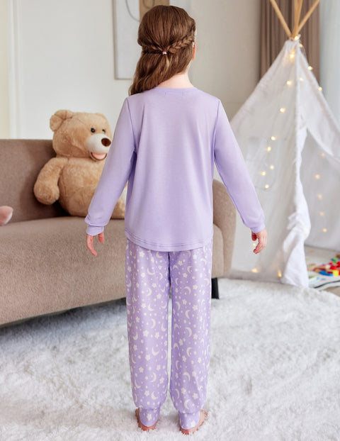 Girls Long Sleeve Pajama Set Ankle Cuff Soft Sleepwear 2-Piece Pjs - Purple Star Moon