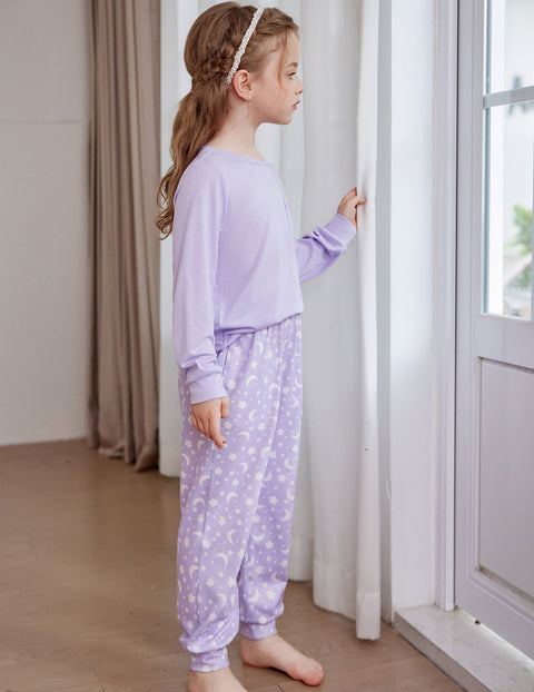 Girls Long Sleeve Pajama Set Ankle Cuff Soft Sleepwear 2-Piece Pjs - Purple Star Moon