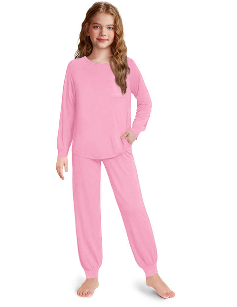 Girls Long Sleeve Pajama Set Ankle Cuff Soft Sleepwear 2-Piece Pjs - Pink