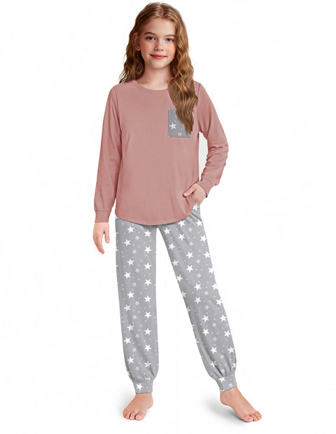 Girls Long Sleeve Pajama Set Ankle Cuff Soft Sleepwear 2-Piece Pjs - PAT2