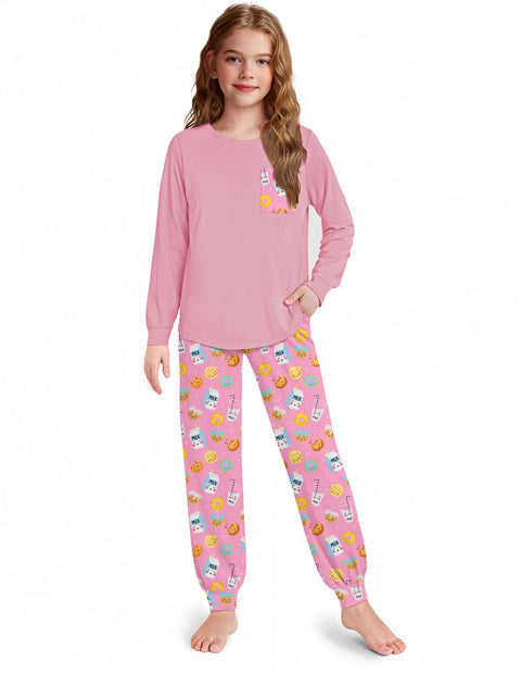 Girls Long Sleeve Pajama Set Ankle Cuff Soft Sleepwear 2-Piece Pjs - PAT4