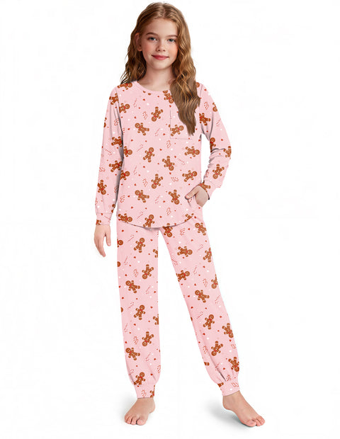 Girls Long Sleeve Pajama Set Ankle Cuff Soft Sleepwear 2-Piece Pjs - Orange Black Plaid