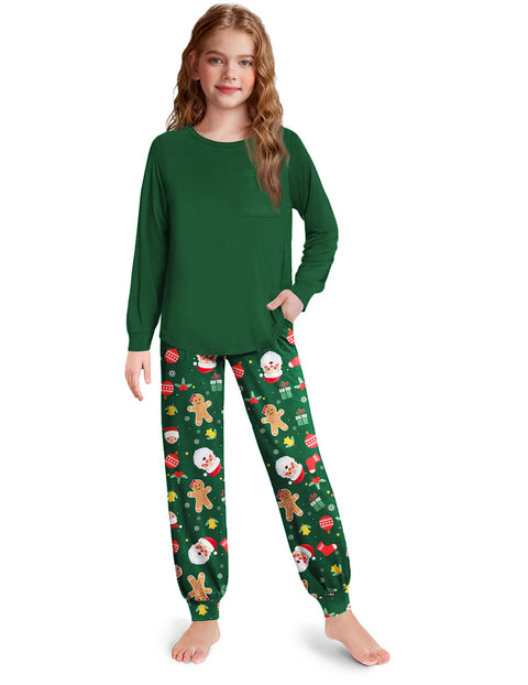 Girls Long Sleeve Pajama Set Ankle Cuff Soft Sleepwear 2-Piece Pjs - Green Christmas
