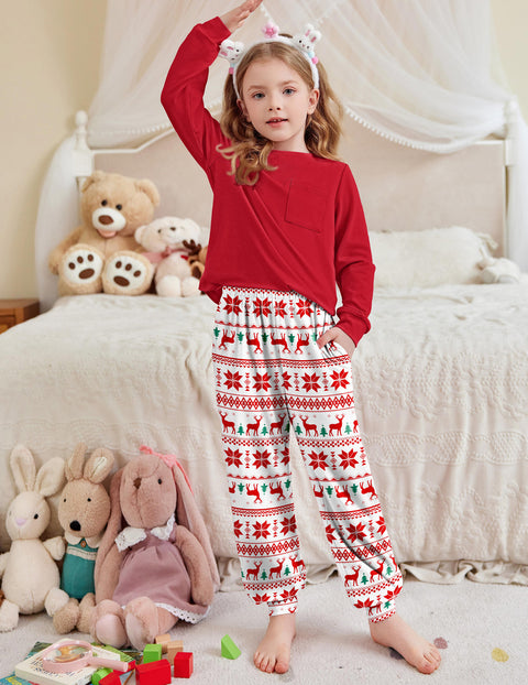 Girls Long Sleeve Pajama Set Ankle Cuff Soft Sleepwear 2-Piece Pjs - Red Christmas