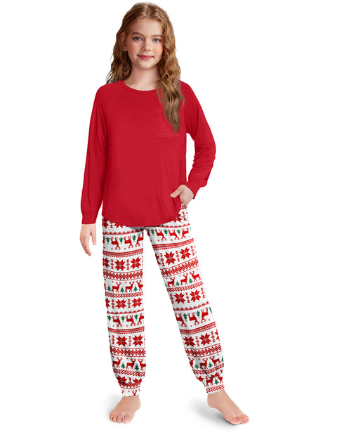 Girls Long Sleeve Pajama Set Ankle Cuff Soft Sleepwear 2-Piece Pjs - Red Christmas