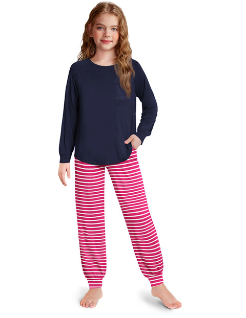 Girls Long Sleeve Pajama Set Ankle Cuff Soft Sleepwear 2-Piece Pjs - Red Striped
