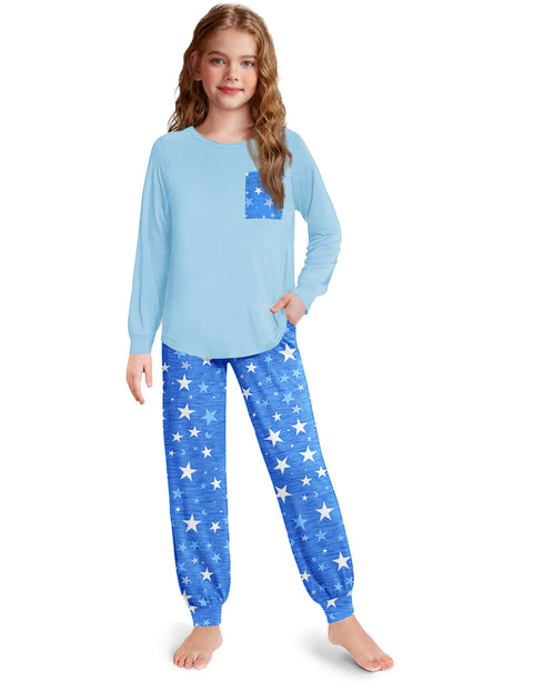 Girls Long Sleeve Pajama Set Ankle Cuff Soft Sleepwear 2-Piece Pjs - Blue Star