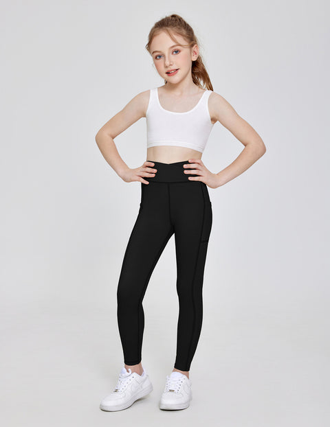 Girls Athletic Leggings with Pockets Crossover Waist Dance Yoga Pants - Black