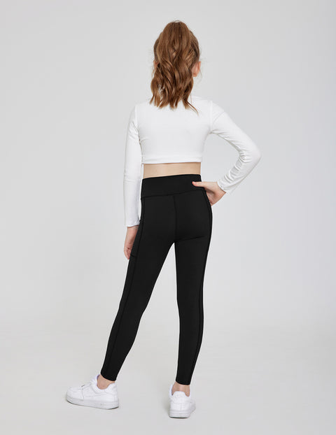 Girls Athletic Leggings with Pockets Crossover Waist Dance Yoga Pants - Black
