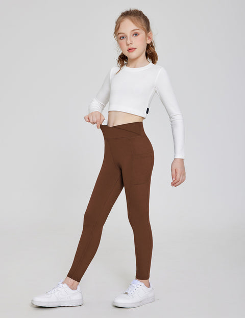 Girls Athletic Leggings with Pockets Crossover Waist Dance Yoga Pants - Brown