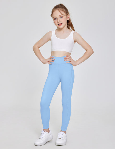 Girls Athletic Leggings with Pockets Crossover Waist Dance Yoga Pants - Blue