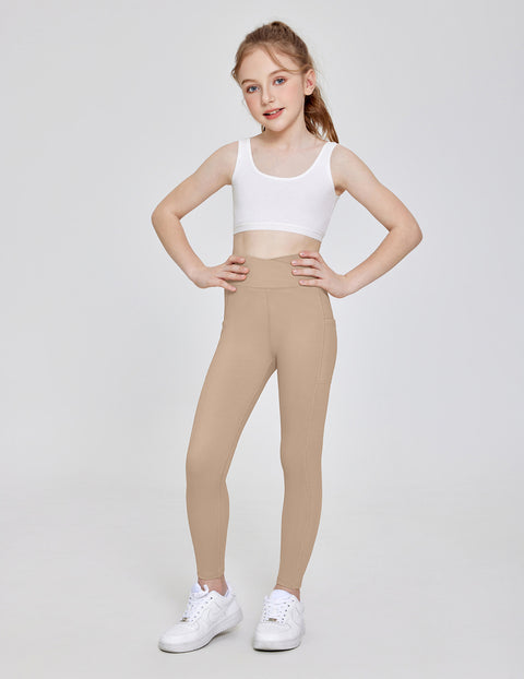 Girls Athletic Leggings with Pockets Crossover Waist Dance Yoga Pants - Khaki