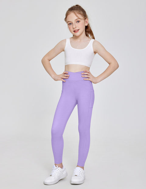 Girls Athletic Leggings with Pockets Crossover Waist Dance Yoga Pants - Purple