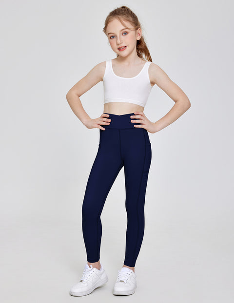 Girls Athletic Leggings with Pockets Crossover Waist Dance Yoga Pants - Navy Blue