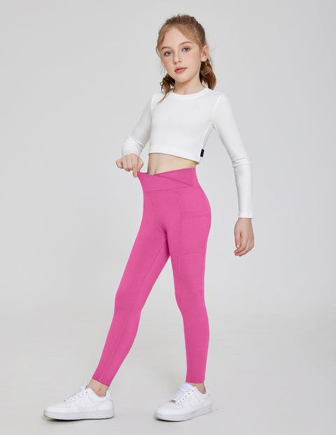 Girls Athletic Leggings with Pockets Crossover Waist Dance Yoga Pants - Hot Pink