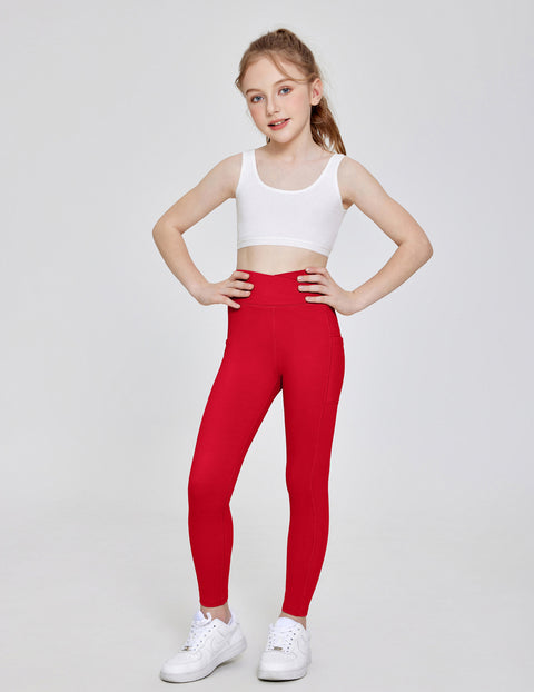Girls Athletic Leggings with Pockets Crossover Waist Dance Yoga Pants - Red