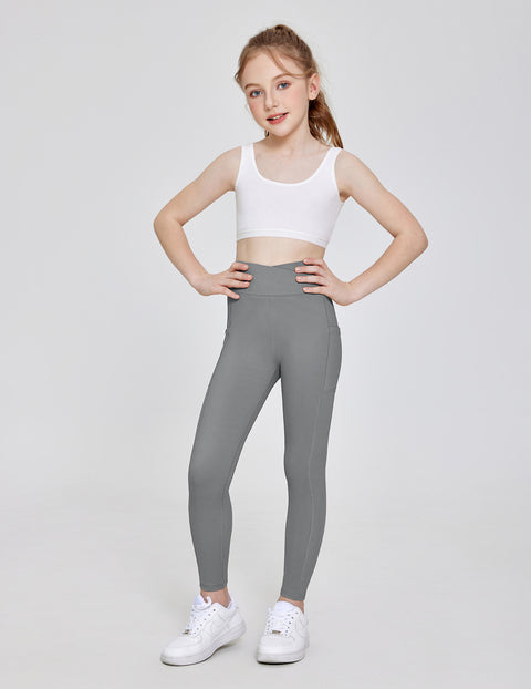 Girls Athletic Leggings with Pockets Crossover Waist Dance Yoga Pants - Grey
