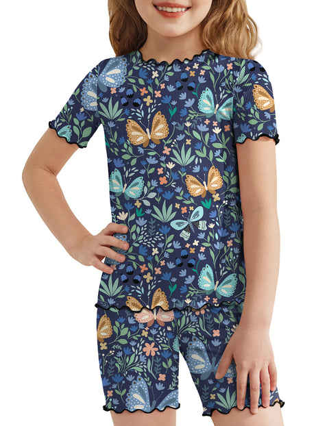 Girls Short Sleeve Pajama Set Lettuce Trim Snug Fit Tag-Free Sleepwear - Blue Butterfly