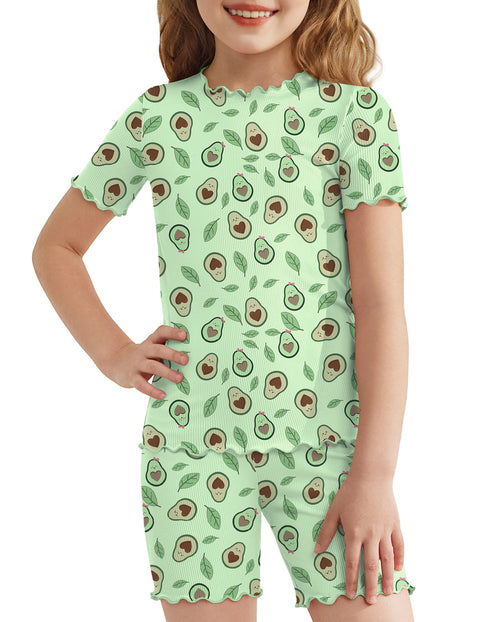 Girls Short Sleeve Pajama Set Lettuce Trim Snug Fit Tag-Free Sleepwear - Green Avocado