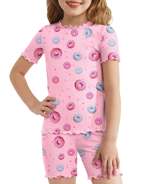 Girls Short Sleeve Pajama Set Lettuce Trim Snug Fit Tag-Free Sleepwear - Pink Donuts