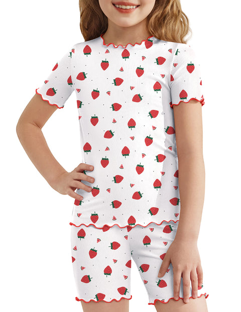 Girls Short Sleeve Pajama Set Lettuce Trim Snug Fit Tag-Free Sleepwear - White Strawberries