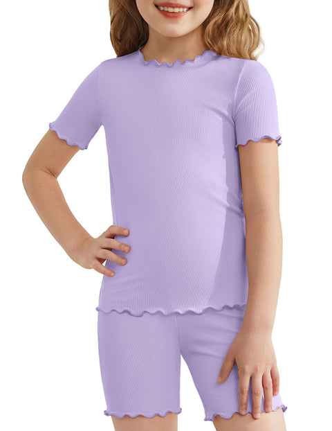 Girls Short Sleeve Pajama Set Lettuce Trim Snug Fit Tag-Free Sleepwear - Lilac