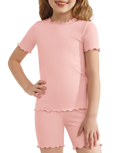 Girls Short Sleeve Pajama Set Lettuce Trim Snug Fit Tag-Free Sleepwear - Pink