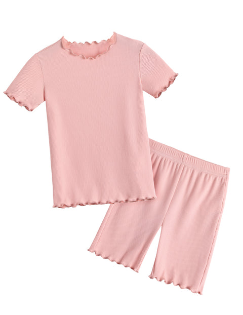 Girls Short Sleeve Pajama Set Lettuce Trim Snug Fit Tag-Free Sleepwear - Pink