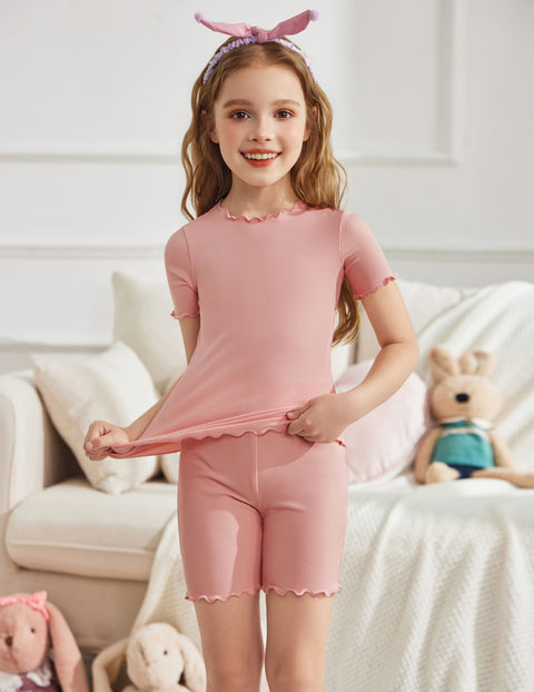 Girls Short Sleeve Pajama Set Lettuce Trim Snug Fit Tag-Free Sleepwear - Pink