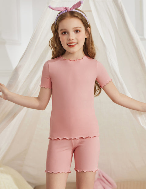 Girls Short Sleeve Pajama Set Lettuce Trim Snug Fit Tag-Free Sleepwear - Pink