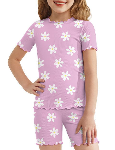 Girls Short Sleeve Pajama Set Lettuce Trim Snug Fit Tag-Free Sleepwear - Lilac Flowers