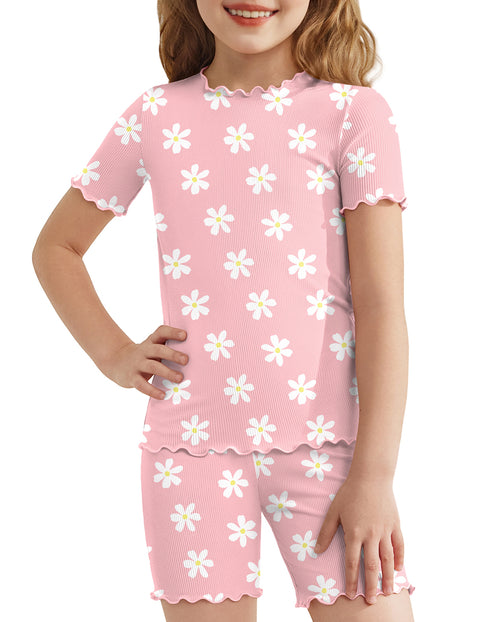 Girls Short Sleeve Pajama Set Lettuce Trim Snug Fit Tag-Free Sleepwear - Pink Flowers