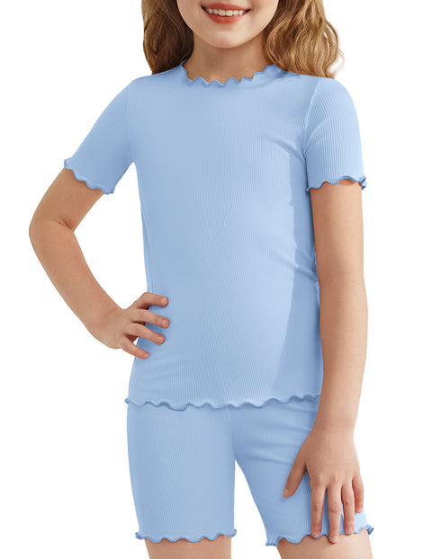 Girls Short Sleeve Pajama Set Lettuce Trim Snug Fit Tag-Free Sleepwear - Blue