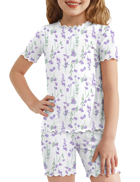 Girls Short Sleeve Pajama Set Lettuce Trim Snug Fit Tag-Free Sleepwear - White Purple Flowers