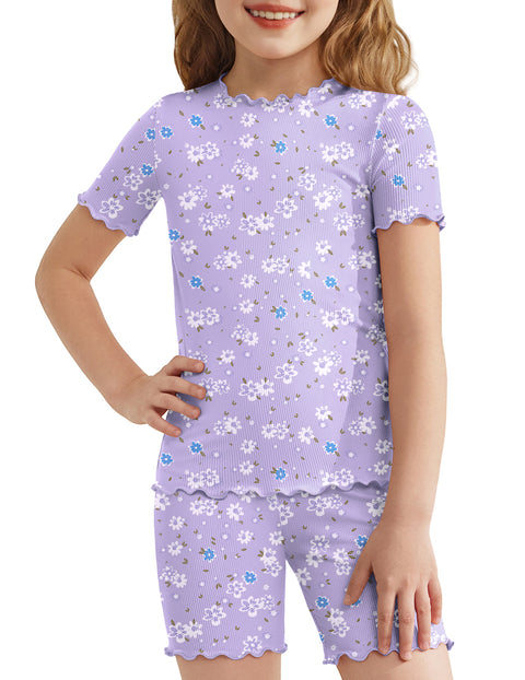 Girls Short Sleeve Pajama Set Lettuce Trim Snug Fit Tag-Free Sleepwear - Light Purple Flowers