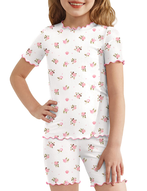 Girls Short Sleeve Pajama Set Lettuce Trim Snug Fit Tag-Free Sleepwear - White Flowers