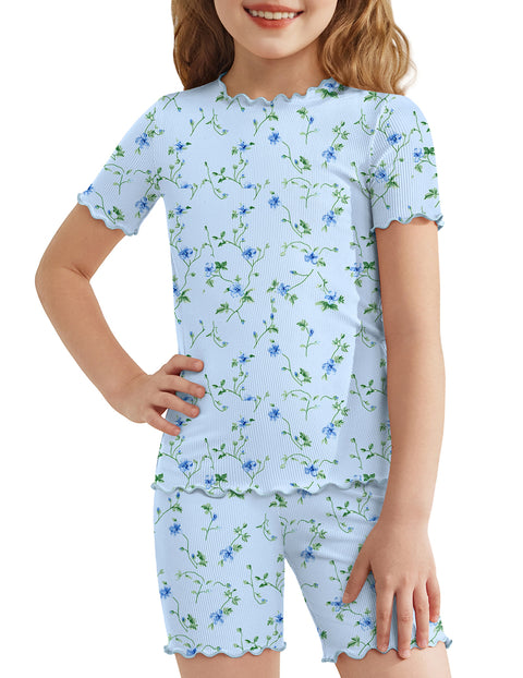 Girls Short Sleeve Pajama Set Lettuce Trim Snug Fit Tag-Free Sleepwear - Blue Flowers