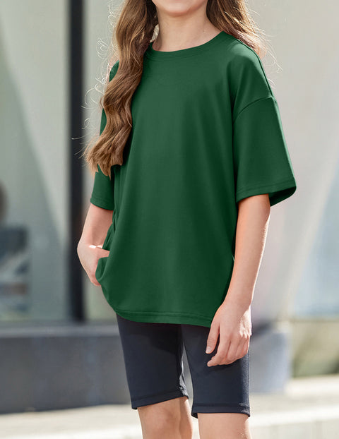 Girls Oversized Short Sleeve Crewneck T-Shirt Drop Shoulder Loose Tee - Green