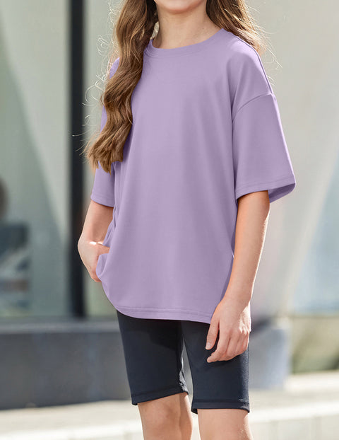 Girls Oversized Short Sleeve Crewneck T-Shirt Drop Shoulder Loose Tee - Purple